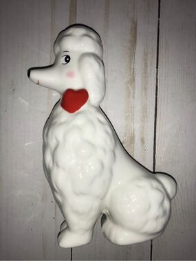 Spritz Ceramic small white Poodle red heart ribbon collectible figurine